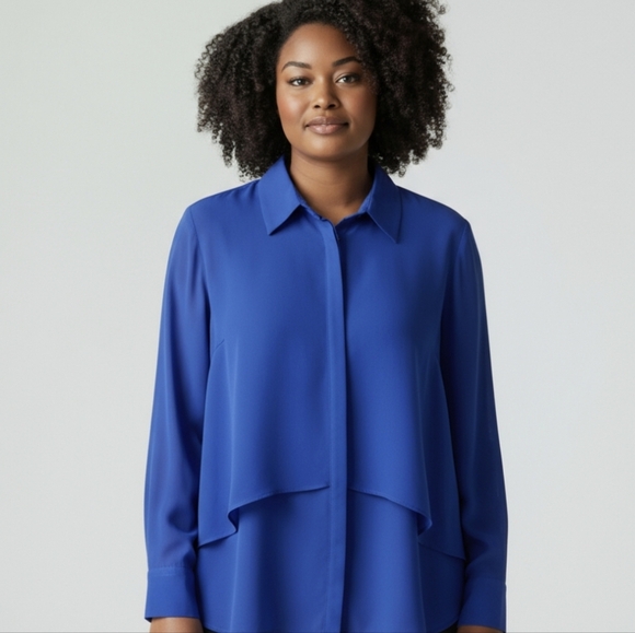 Joan Rivers Royal Blue Boxy Notched Collar Layered Big Shirt Tunic Sz 1X - Picture 1 of 11